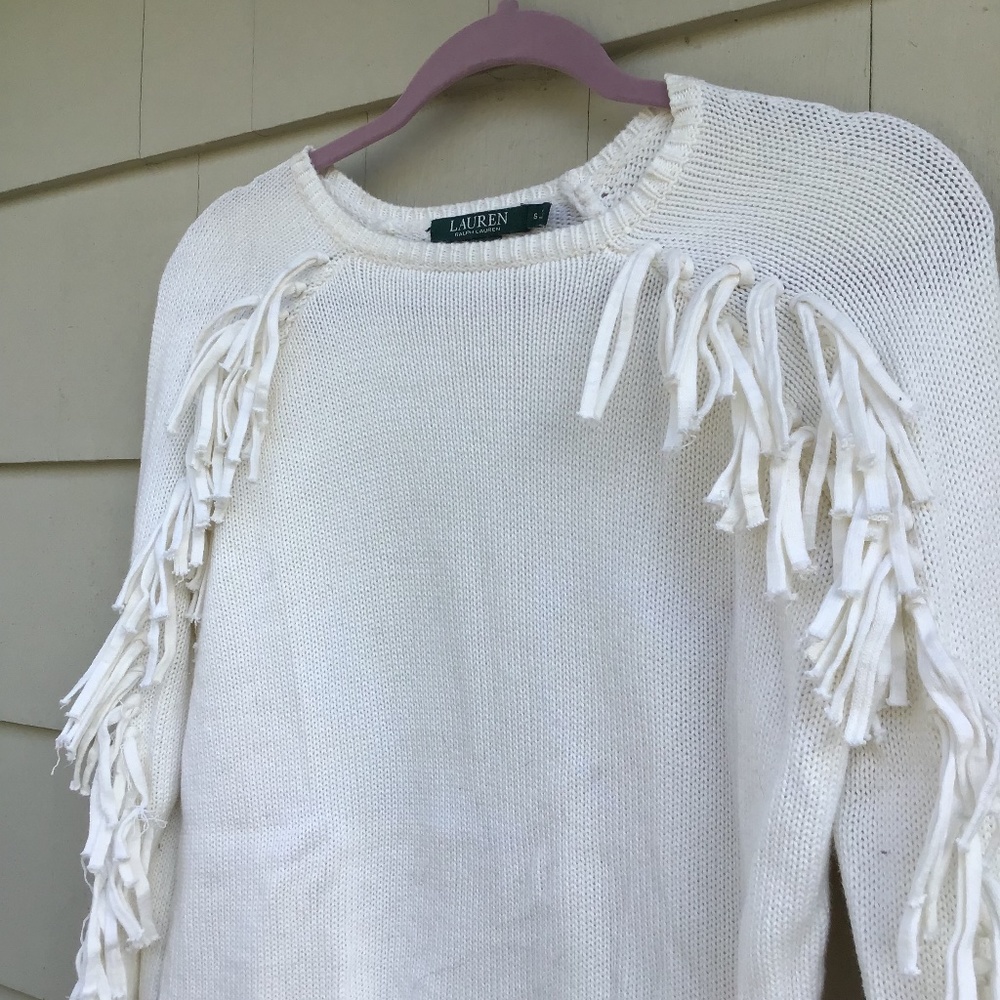 Ralph Lauren White Fringe Sweater Size Small